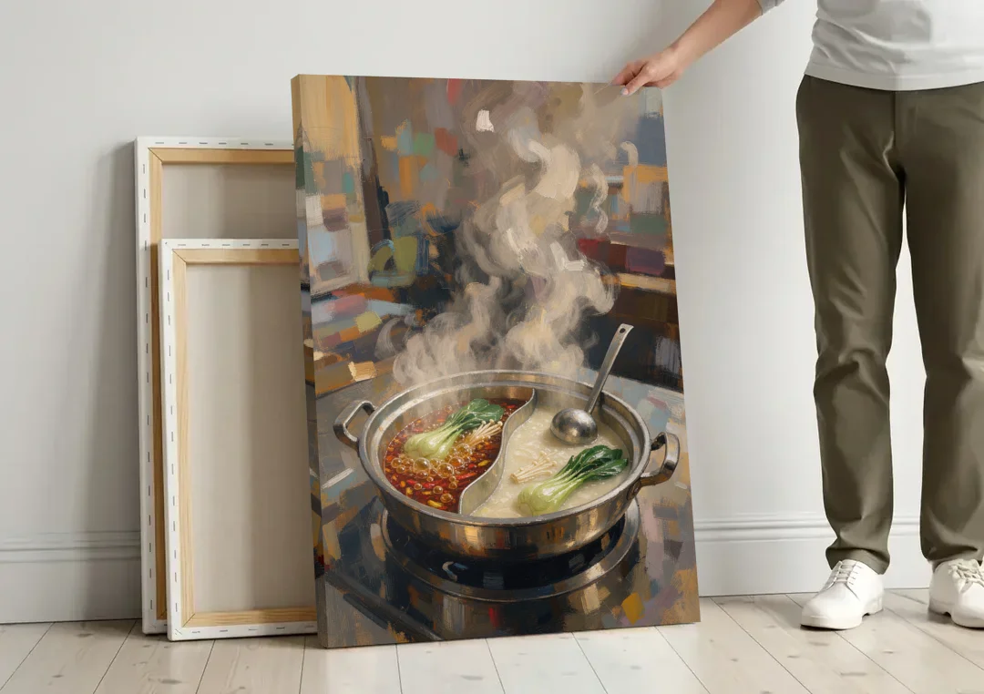 Divided Hot Pot with Red Chili and Milky Broth canvas wall art leaning against a wall next to blank canvases