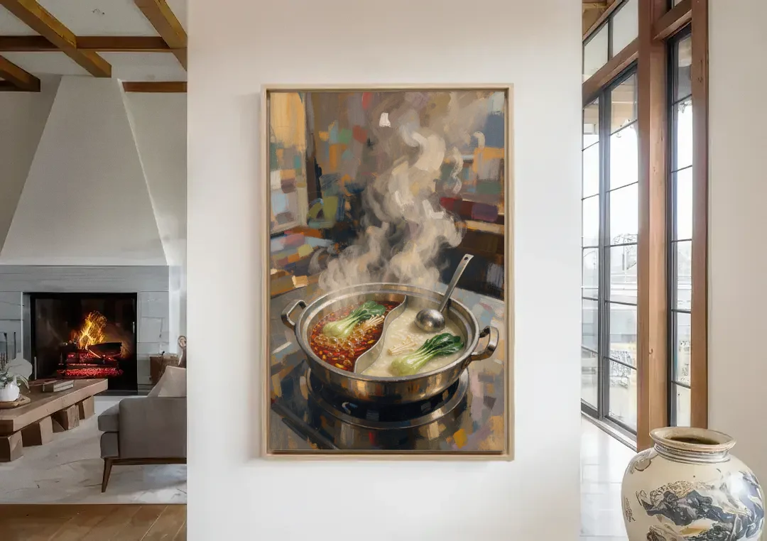 Divided Hot Pot with Red Chili and Milky Broth canvas wall art in a living room with a fireplace