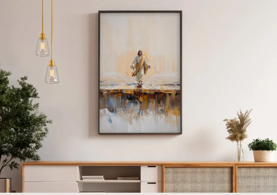 Divine Christian Moment canvas wall art above a wooden sideboard under pendant lights