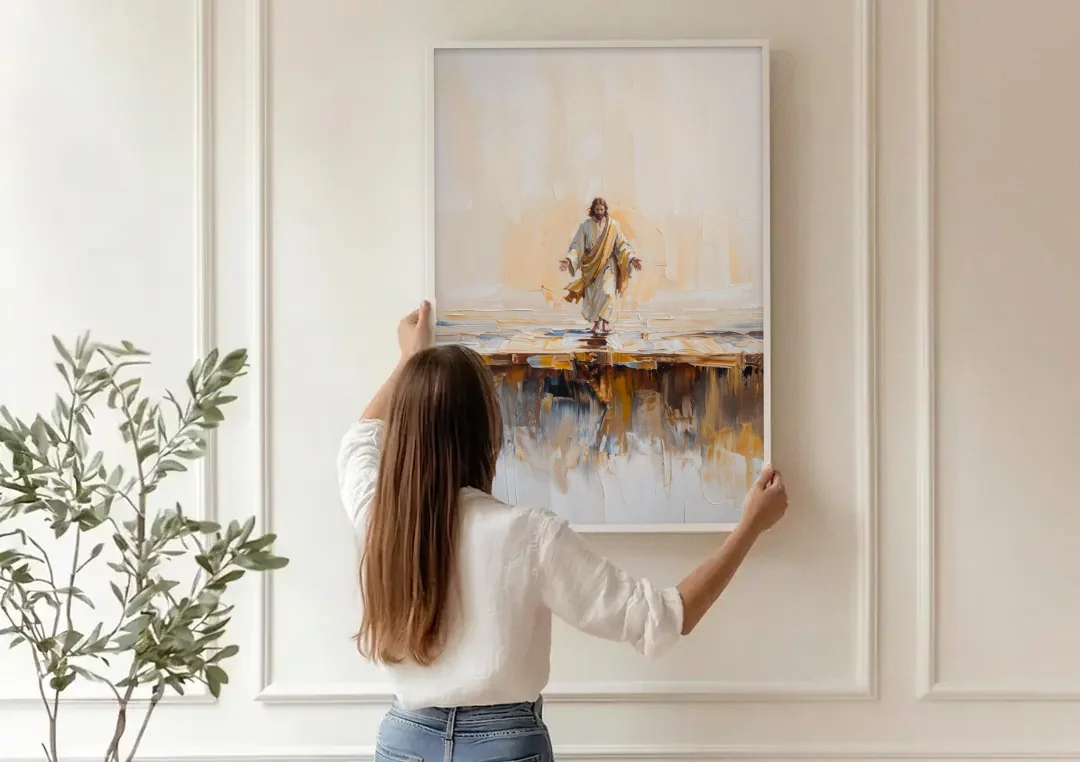 Divine Christian Moment canvas wall art being hung on a paneled wall