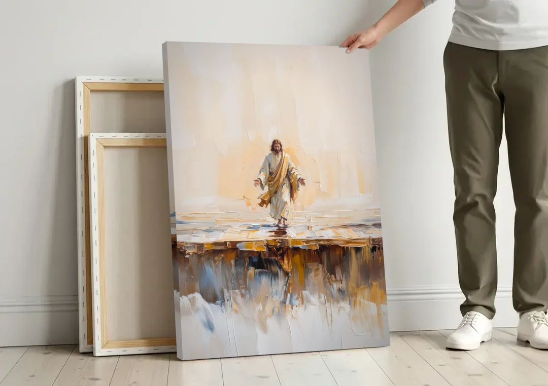 Divine Christian Moment canvas wall art leaning against a wall next to blank canvases