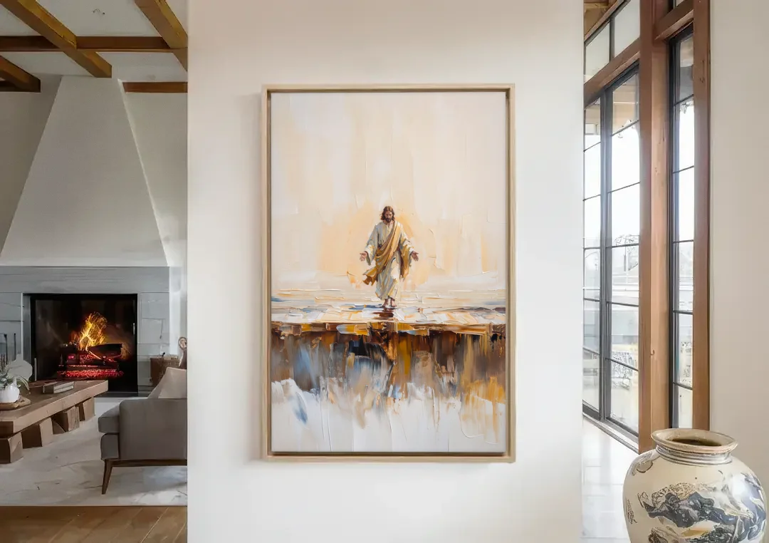 Divine Christian Moment canvas wall art in a living room with a fireplace