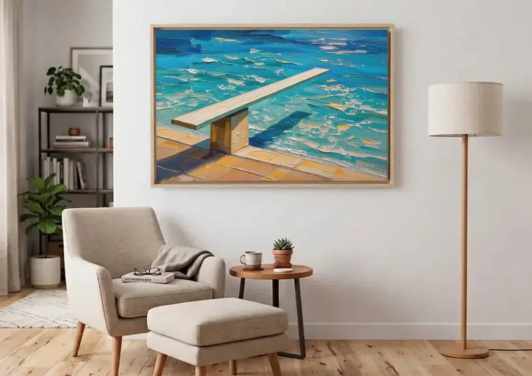 Diving Board Painting at High Noon canvas wall art above an armchair in a bright living room