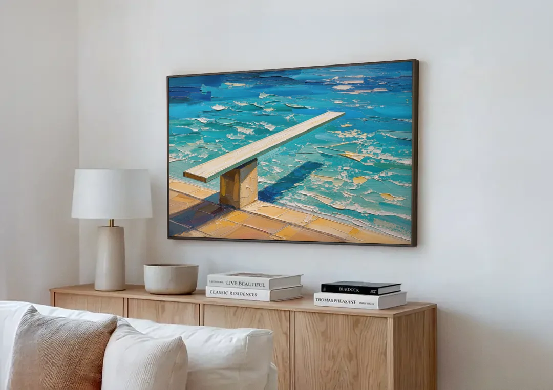 Diving Board Painting at High Noon canvas wall art above a wooden sideboard next to a sofa