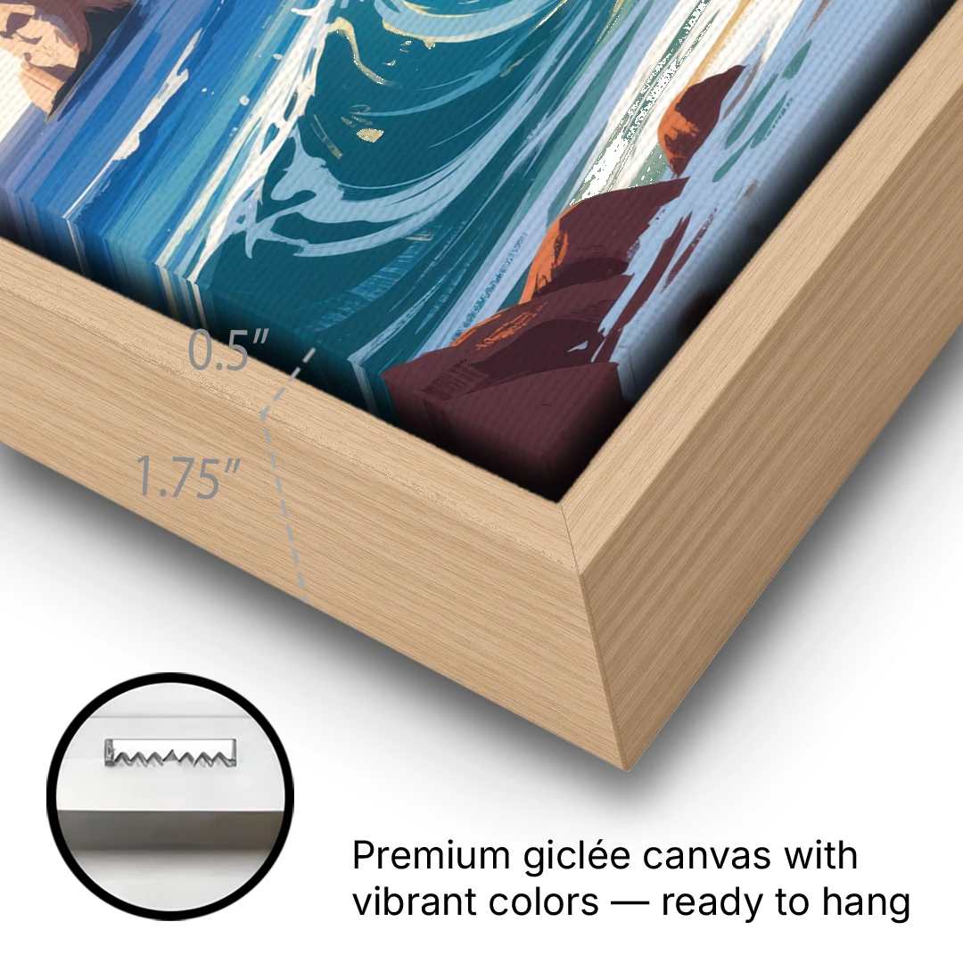 Divorce Beach Waves - Oak Framed Canvas Wall Art - Gallery Wrap Corner