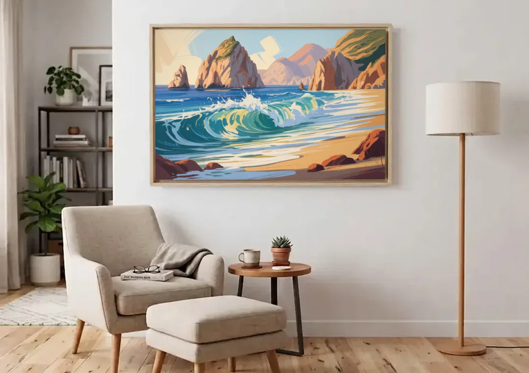 Divorce Beach Waves canvas wall art above an armchair in a bright living room