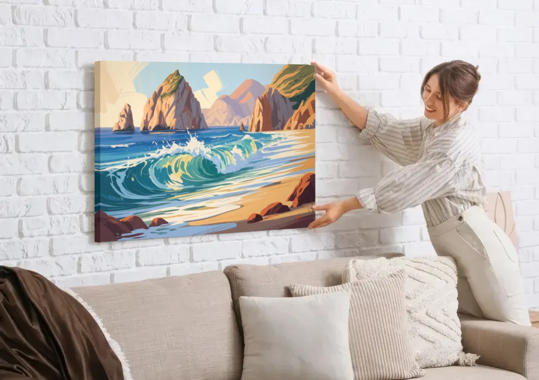 Divorce Beach Waves canvas wall art being hung on a white brick wall above a sofa