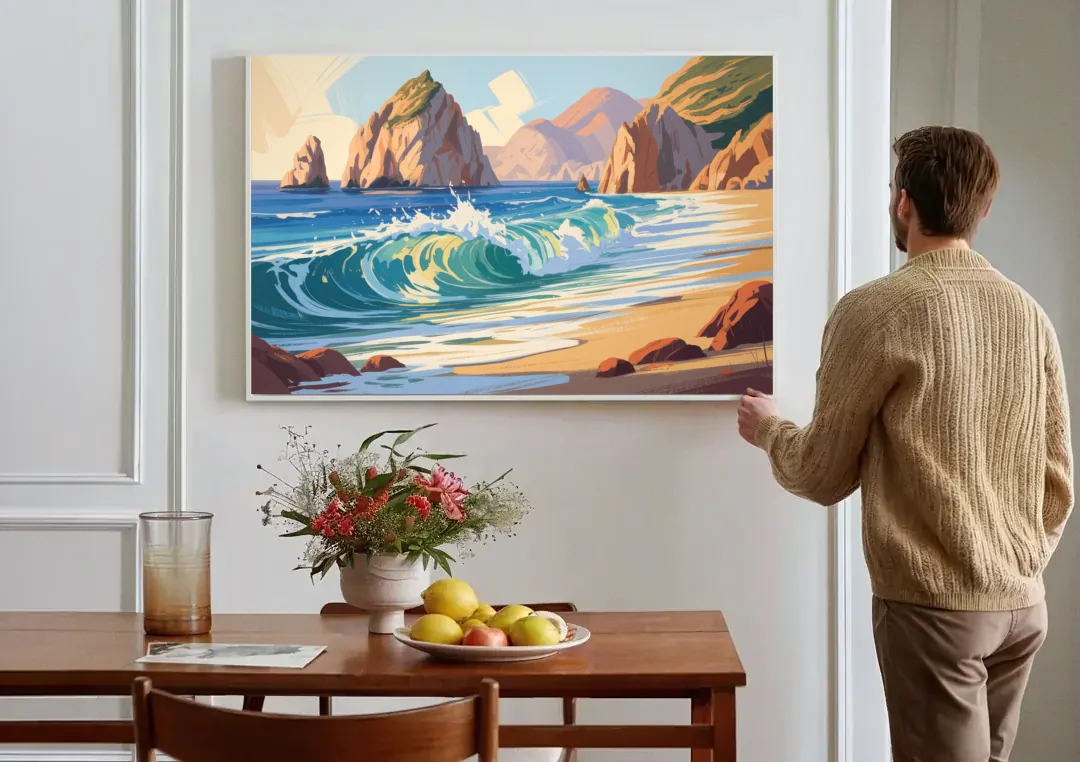 Divorce Beach Waves canvas wall art above a dining table