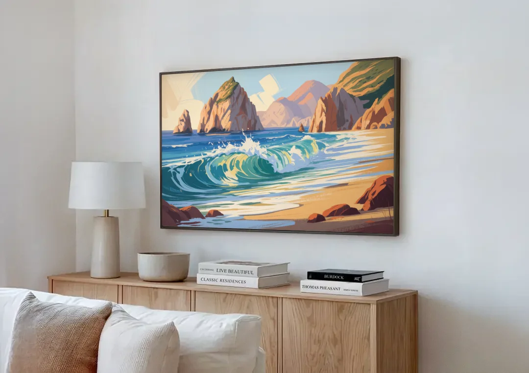 Divorce Beach Waves canvas wall art above a wooden sideboard next to a sofa