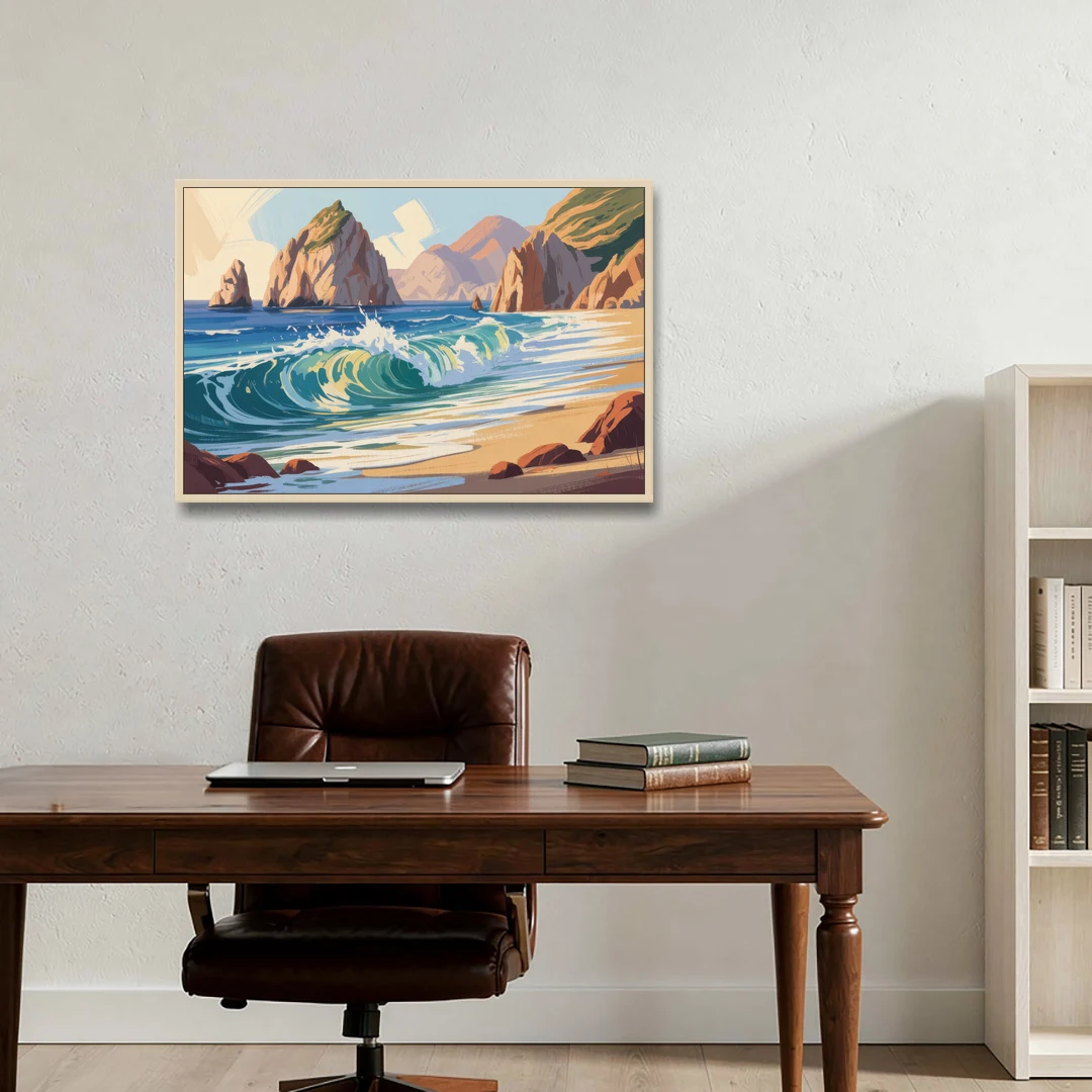 Divorce Beach Waves - Oak Framed Canvas Wall Art - Office - 36x24