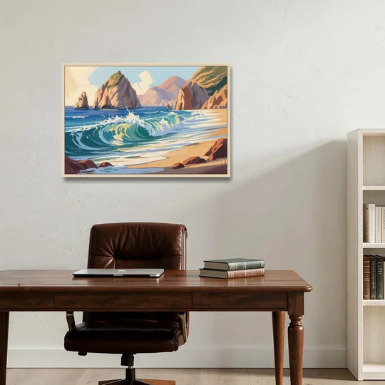 Divorce Beach Waves - Oak Framed Canvas Wall Art - Office - 36x24