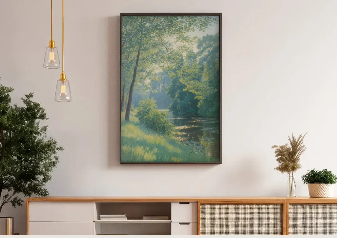 Djurgarden Serenity canvas wall art above a wooden sideboard under pendant lights