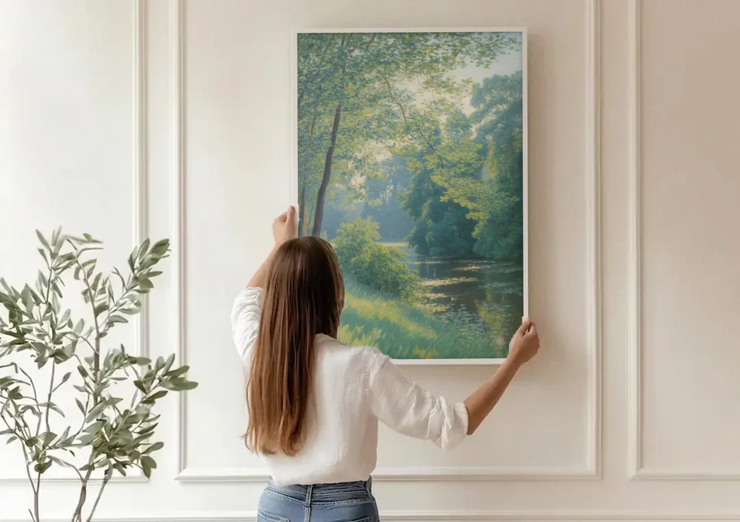 Djurgarden Serenity canvas wall art being hung on a paneled wall