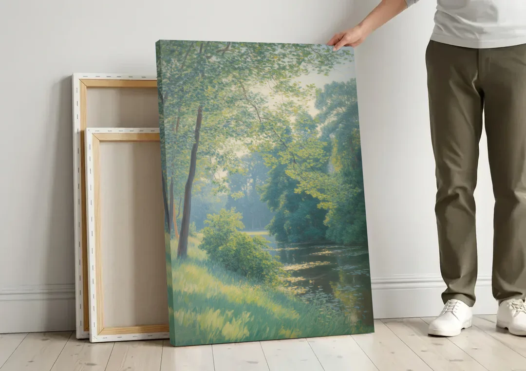 Djurgarden Serenity canvas wall art leaning against a wall next to blank canvases