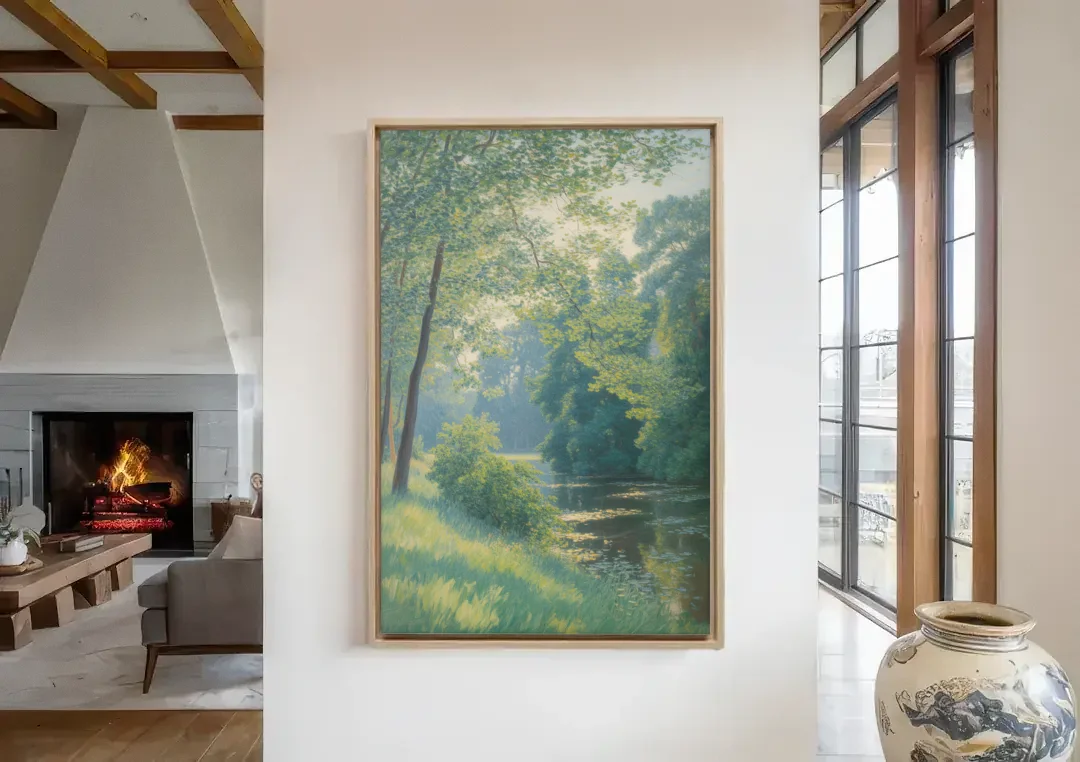 Djurgarden Serenity canvas wall art in a living room with a fireplace