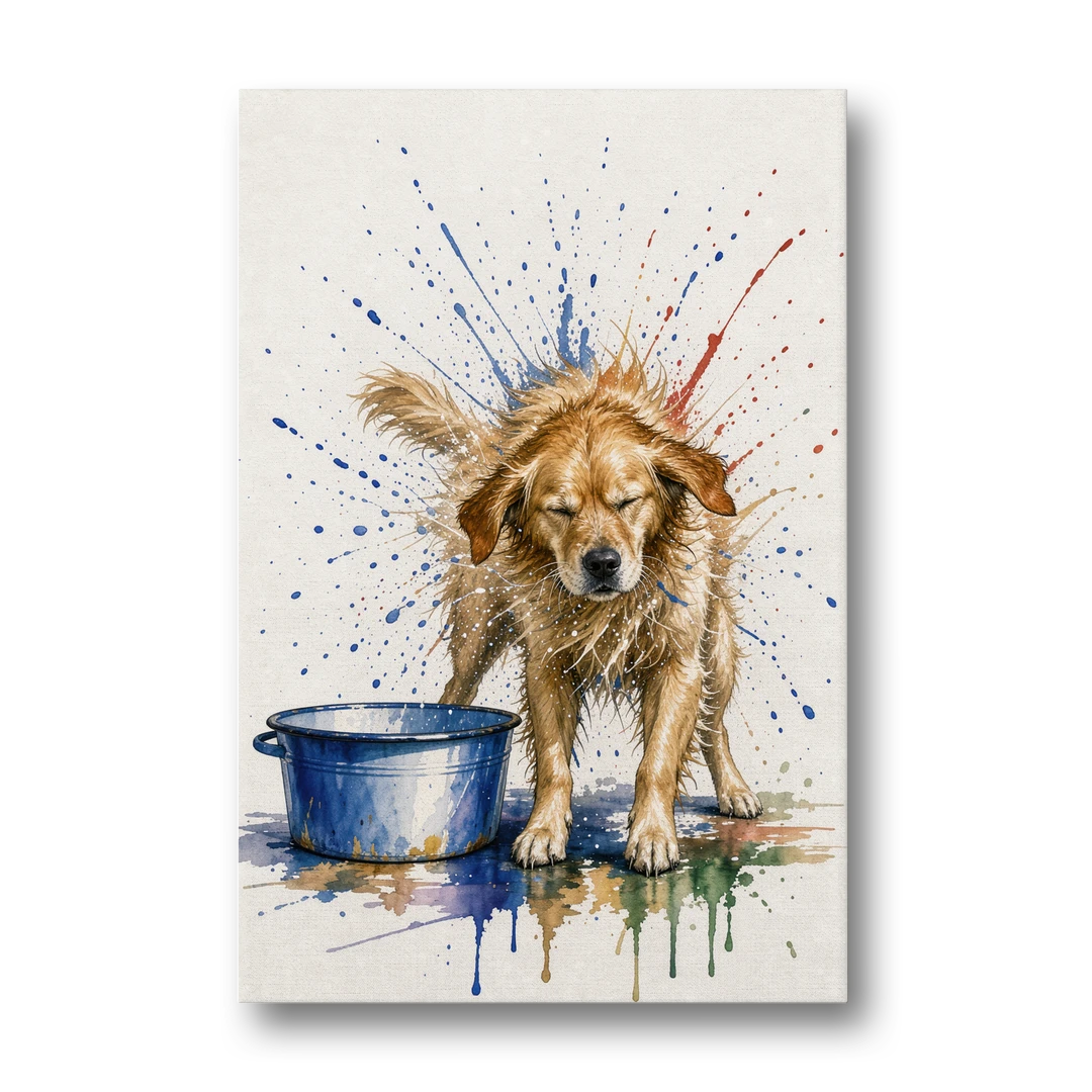 Dog Bathroom Wall Art of a Shaking Golden Retriever - Canvas Wall Art - Front