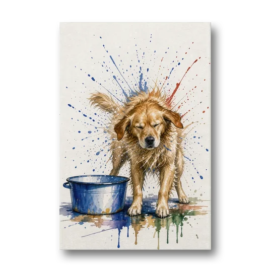 Dog Bathroom Wall Art of a Shaking Golden Retriever - Canvas Wall Art - Front