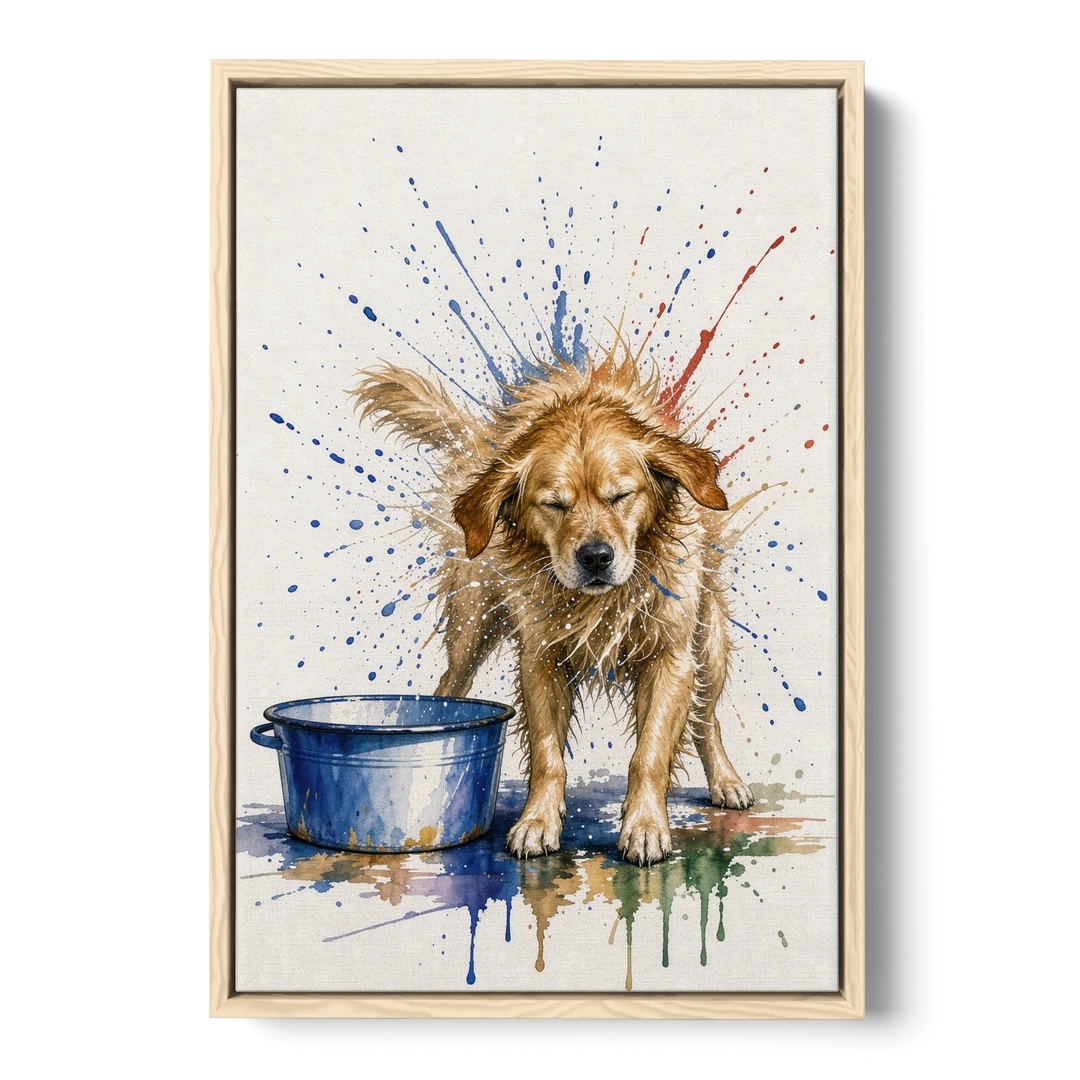 Dog Bathroom Wall Art of a Shaking Golden Retriever - Oak Framed Canvas Wall Art - Front