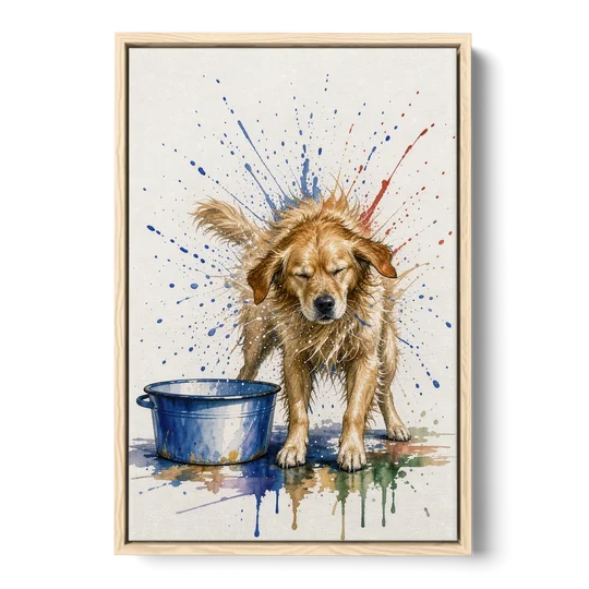 Dog Bathroom Wall Art of a Shaking Golden Retriever - Oak Framed Canvas Wall Art - Front