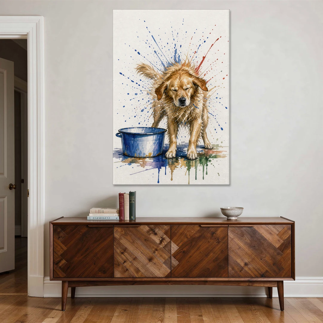 Dog Bathroom Wall Art of a Shaking Golden Retriever - Canvas Wall Art - Coffee Table - 40x60