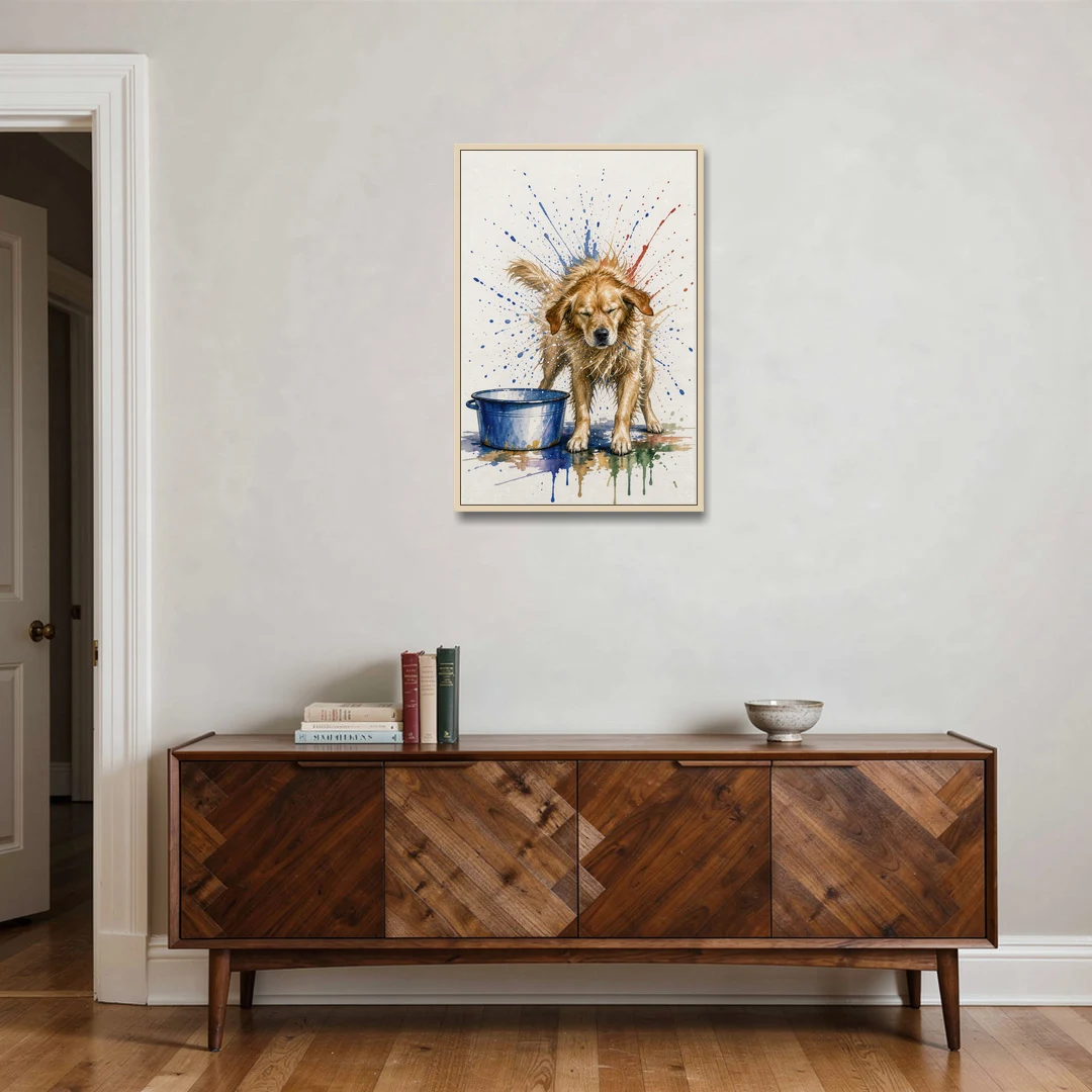 Dog Bathroom Wall Art of a Shaking Golden Retriever - Oak Framed Canvas Wall Art - Coffee Table - 24x36