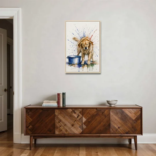 Dog Bathroom Wall Art of a Shaking Golden Retriever - Oak Framed Canvas Wall Art - Coffee Table - 24x36