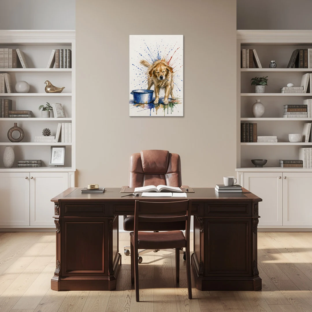 Dog Bathroom Wall Art of a Shaking Golden Retriever - Canvas Wall Art - Office - 24x36