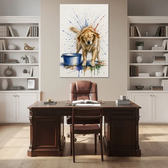Dog Bathroom Wall Art of a Shaking Golden Retriever - Canvas Wall Art - Office - 40x60