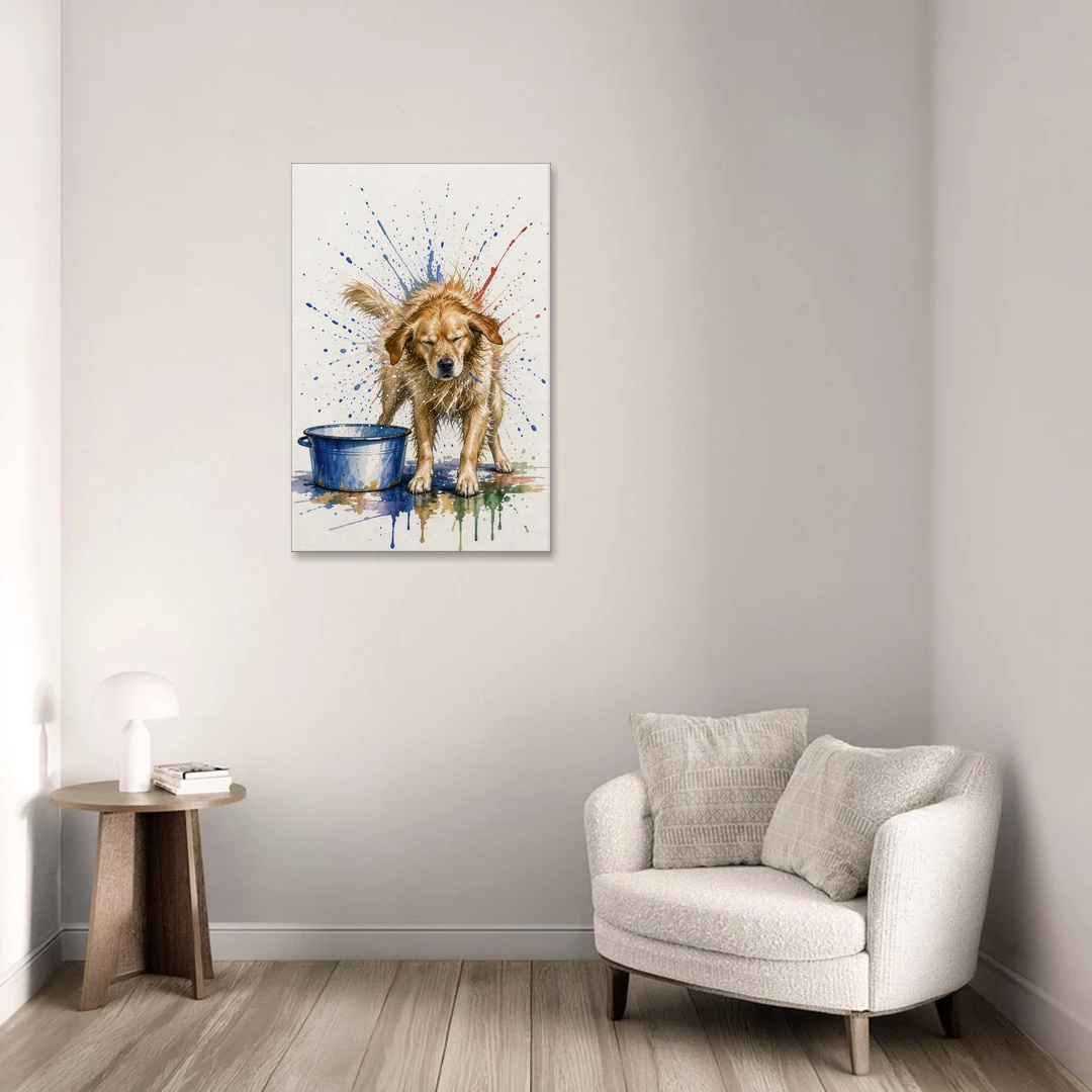 Dog Bathroom Wall Art of a Shaking Golden Retriever - Canvas Wall Art - Sofa - 24x36