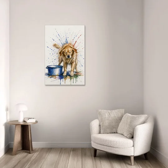 Dog Bathroom Wall Art of a Shaking Golden Retriever - Canvas Wall Art - Sofa - 24x36