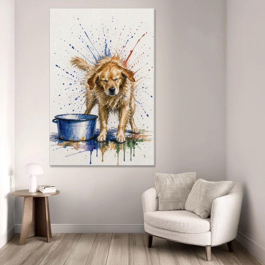 Dog Bathroom Wall Art of a Shaking Golden Retriever - Canvas Wall Art - Sofa - 40x60