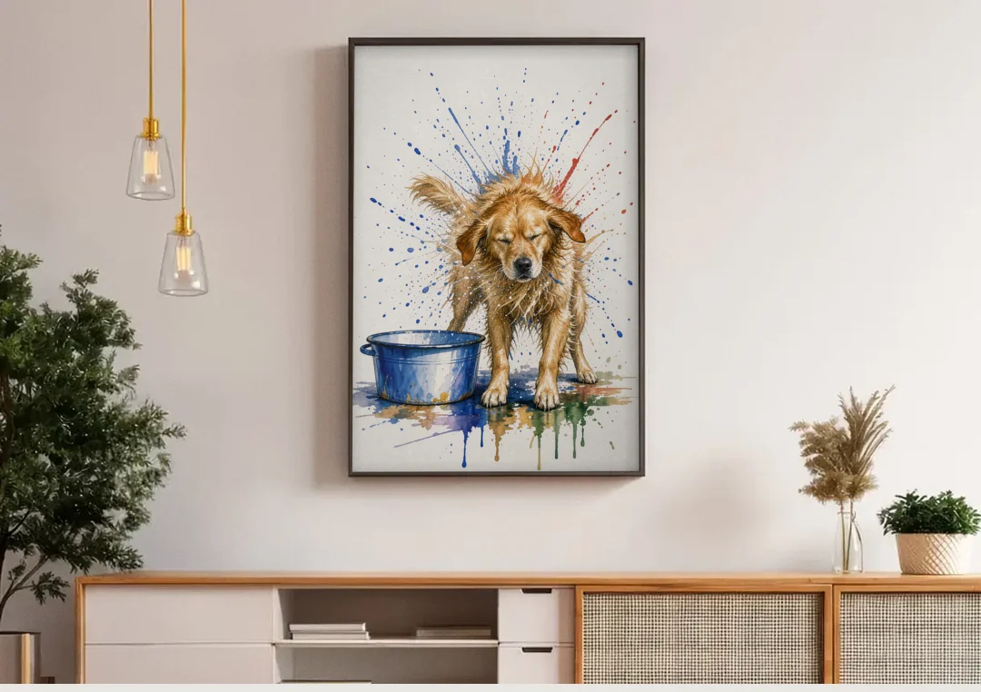 Dog Bathroom Wall Art of a Shaking Golden Retriever canvas wall art above a wooden sideboard under pendant lights