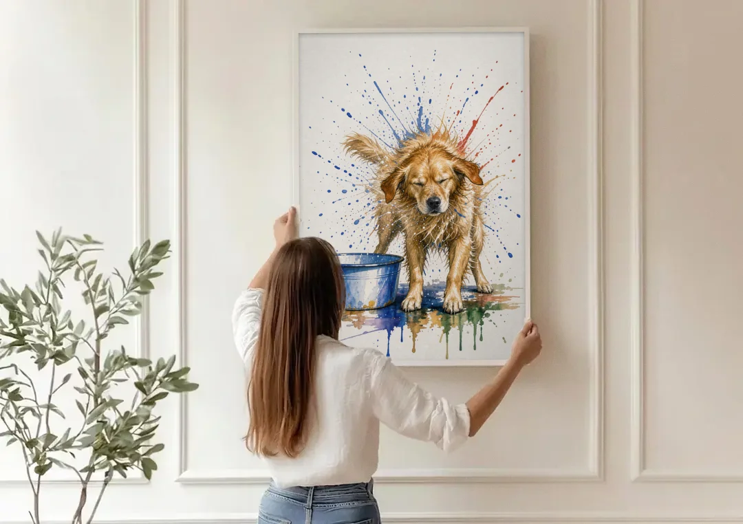 Dog Bathroom Wall Art of a Shaking Golden Retriever canvas wall art being hung on a paneled wall