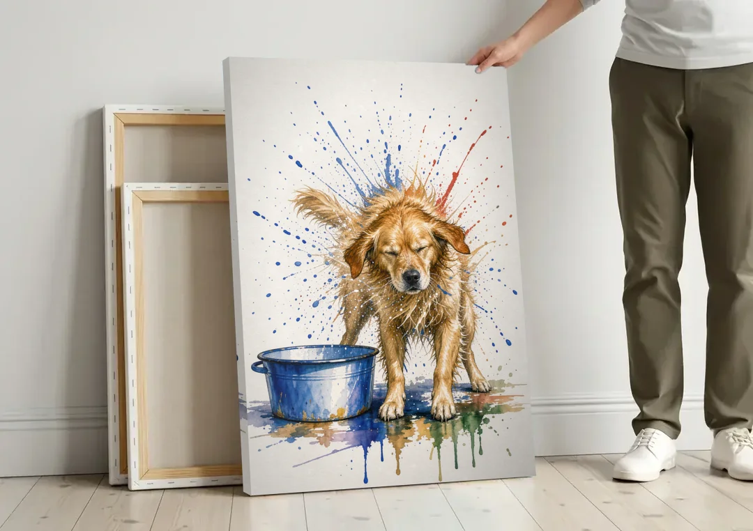 Dog Bathroom Wall Art of a Shaking Golden Retriever canvas wall art leaning against a wall next to blank canvases