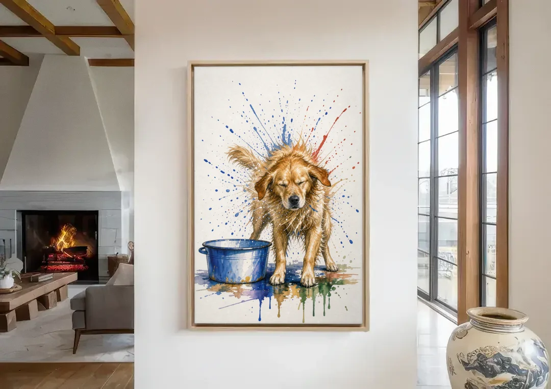 Dog Bathroom Wall Art of a Shaking Golden Retriever canvas wall art in a living room with a fireplace