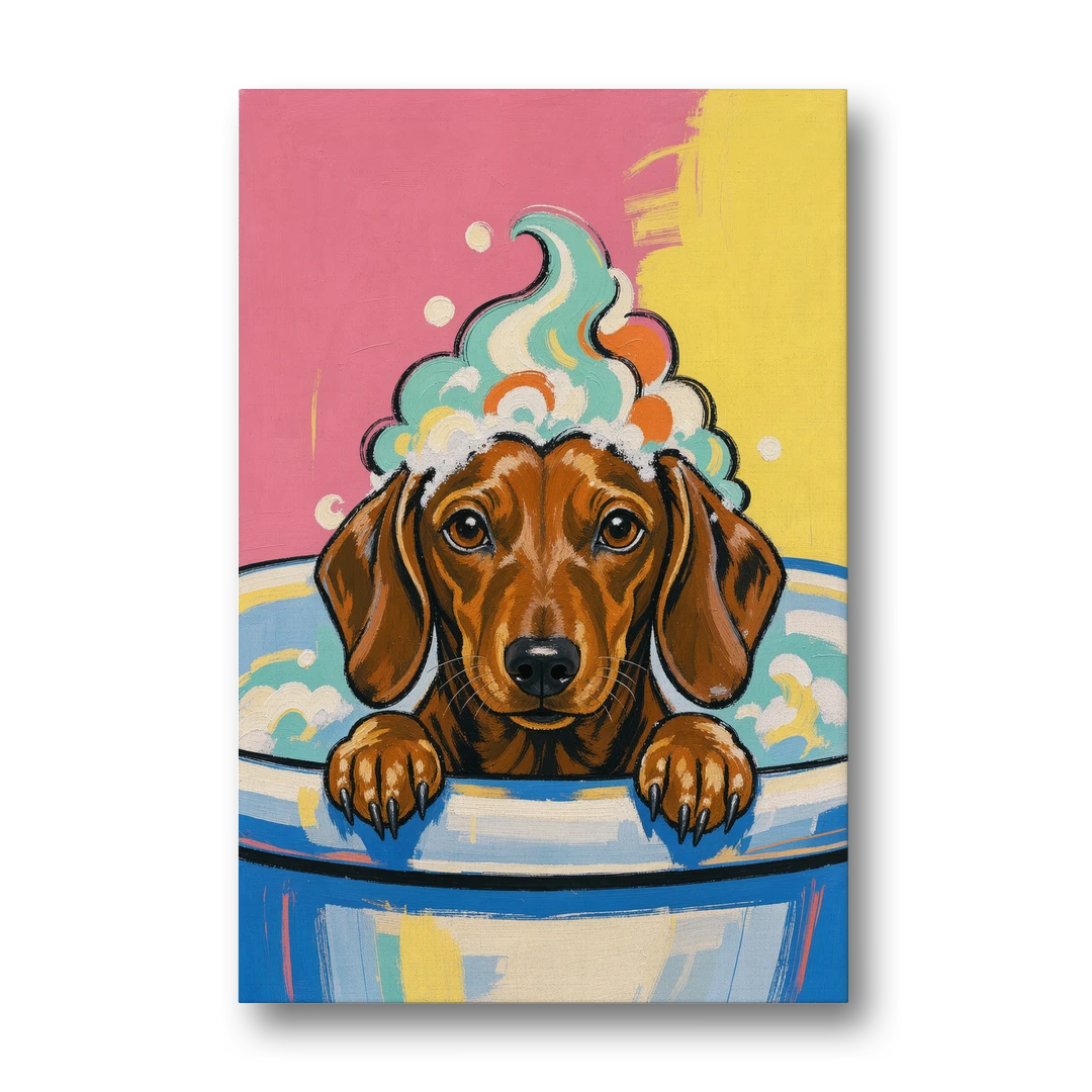 Dog in Bathtub Wall Art of a Sudsy Dachshund - Canvas Wall Art - Front