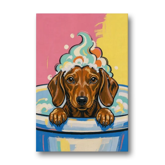 Dog in Bathtub Wall Art of a Sudsy Dachshund - Canvas Wall Art - Front
