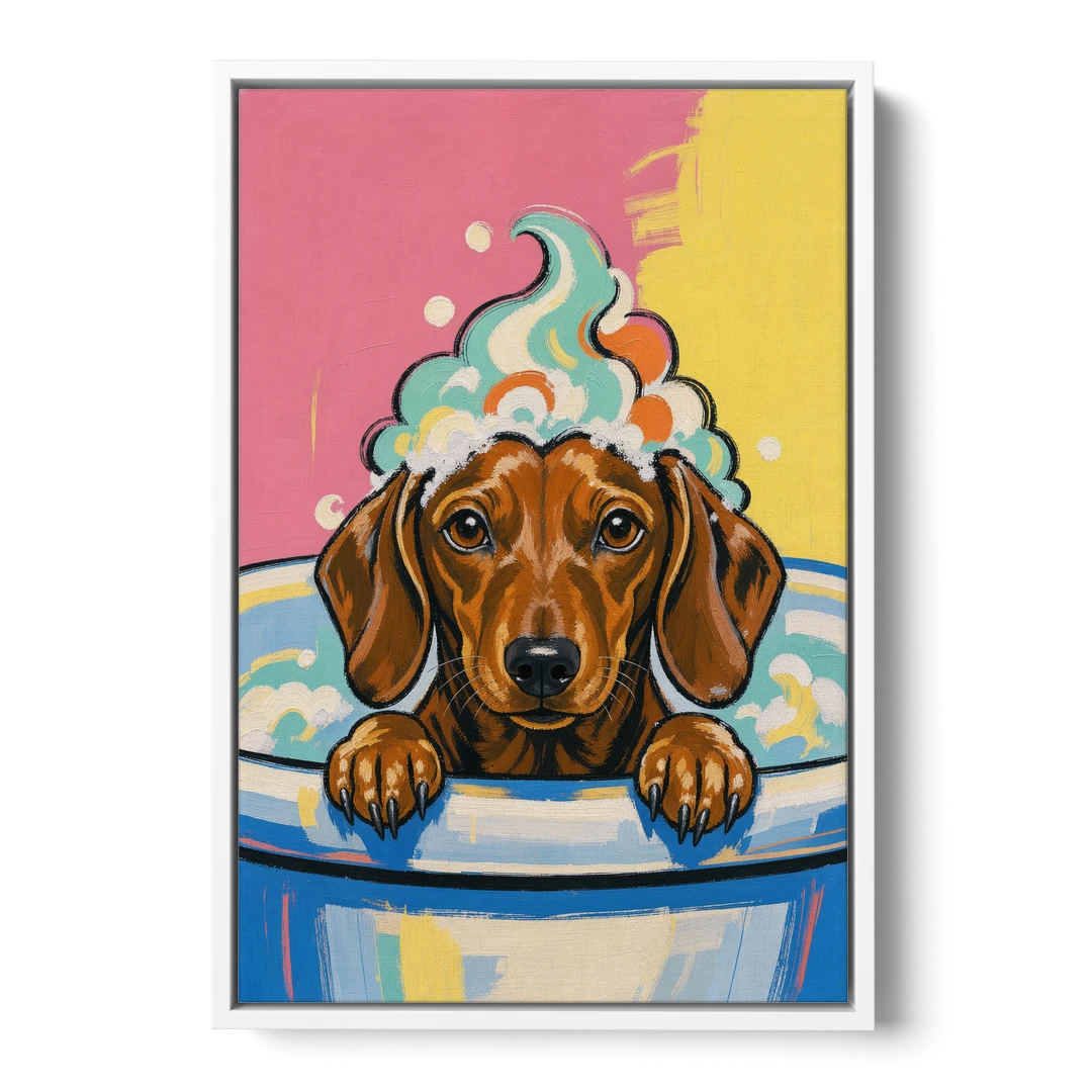 Dog in Bathtub Wall Art of a Sudsy Dachshund - White Framed Canvas Wall Art - Front