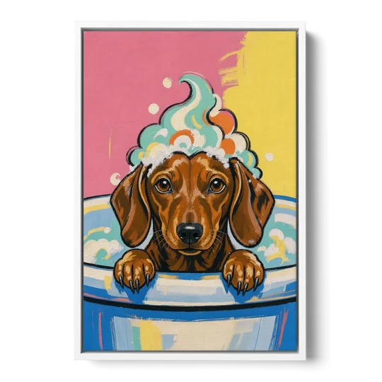 Dog in Bathtub Wall Art of a Sudsy Dachshund - White Framed Canvas Wall Art - Front