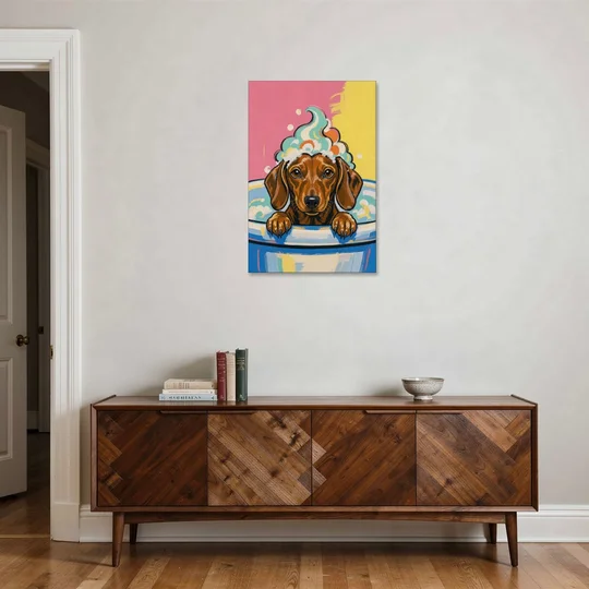 Dog in Bathtub Wall Art of a Sudsy Dachshund - Canvas Wall Art - Coffee Table - 24x36