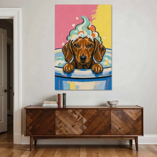 Dog in Bathtub Wall Art of a Sudsy Dachshund - Canvas Wall Art - Coffee Table - 40x60
