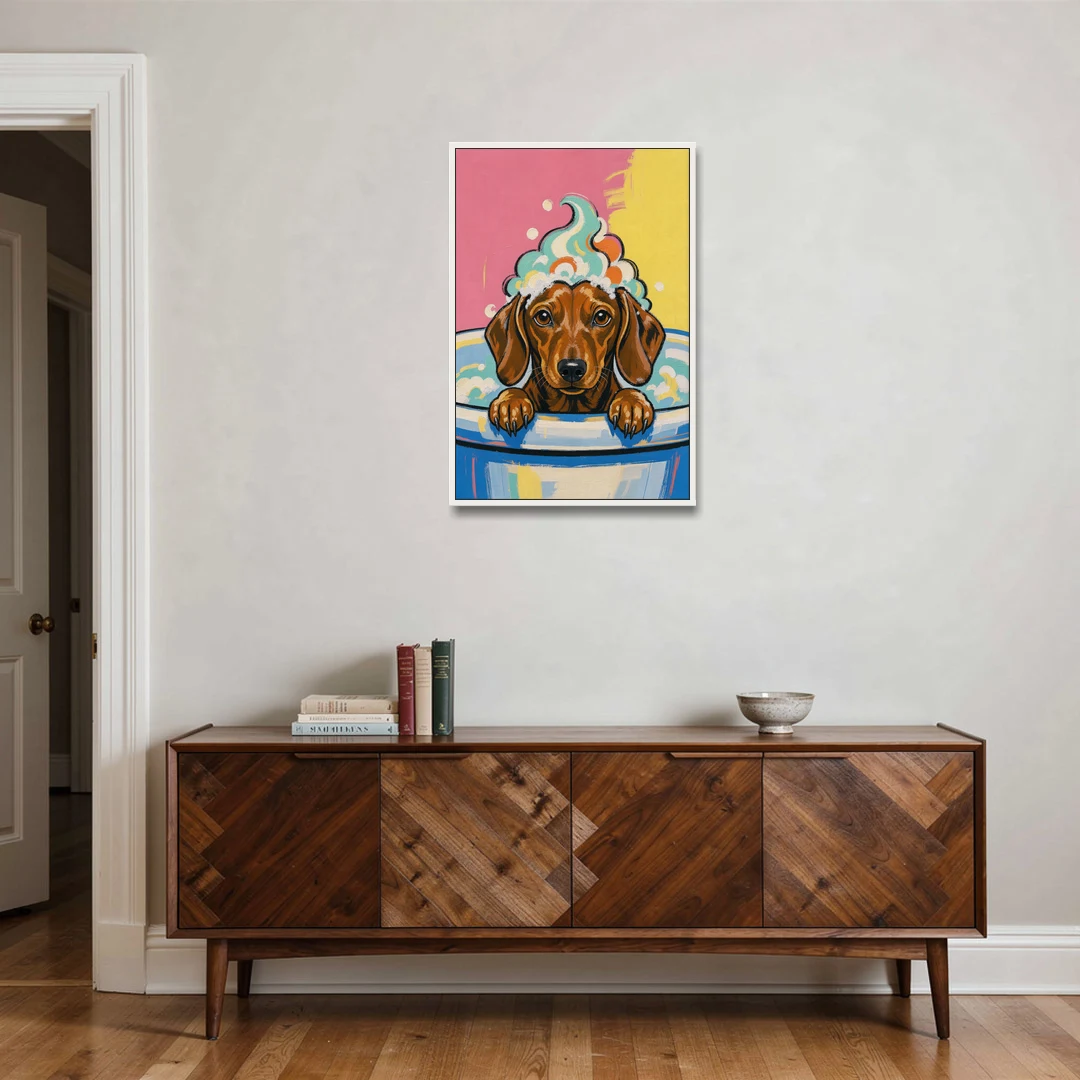 Dog in Bathtub Wall Art of a Sudsy Dachshund - White Framed Canvas Wall Art - Coffee Table - 24x36