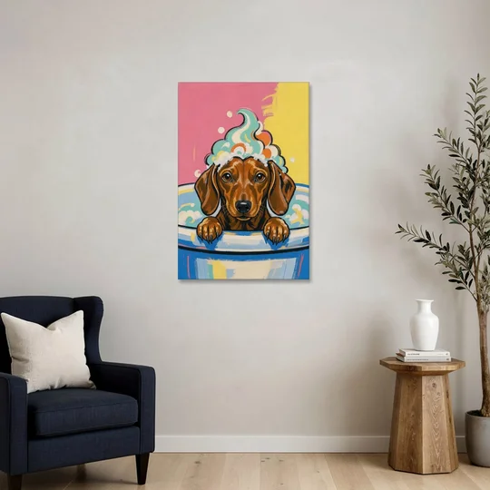 Dog in Bathtub Wall Art of a Sudsy Dachshund - Canvas Wall Art - Sofa - 24x36