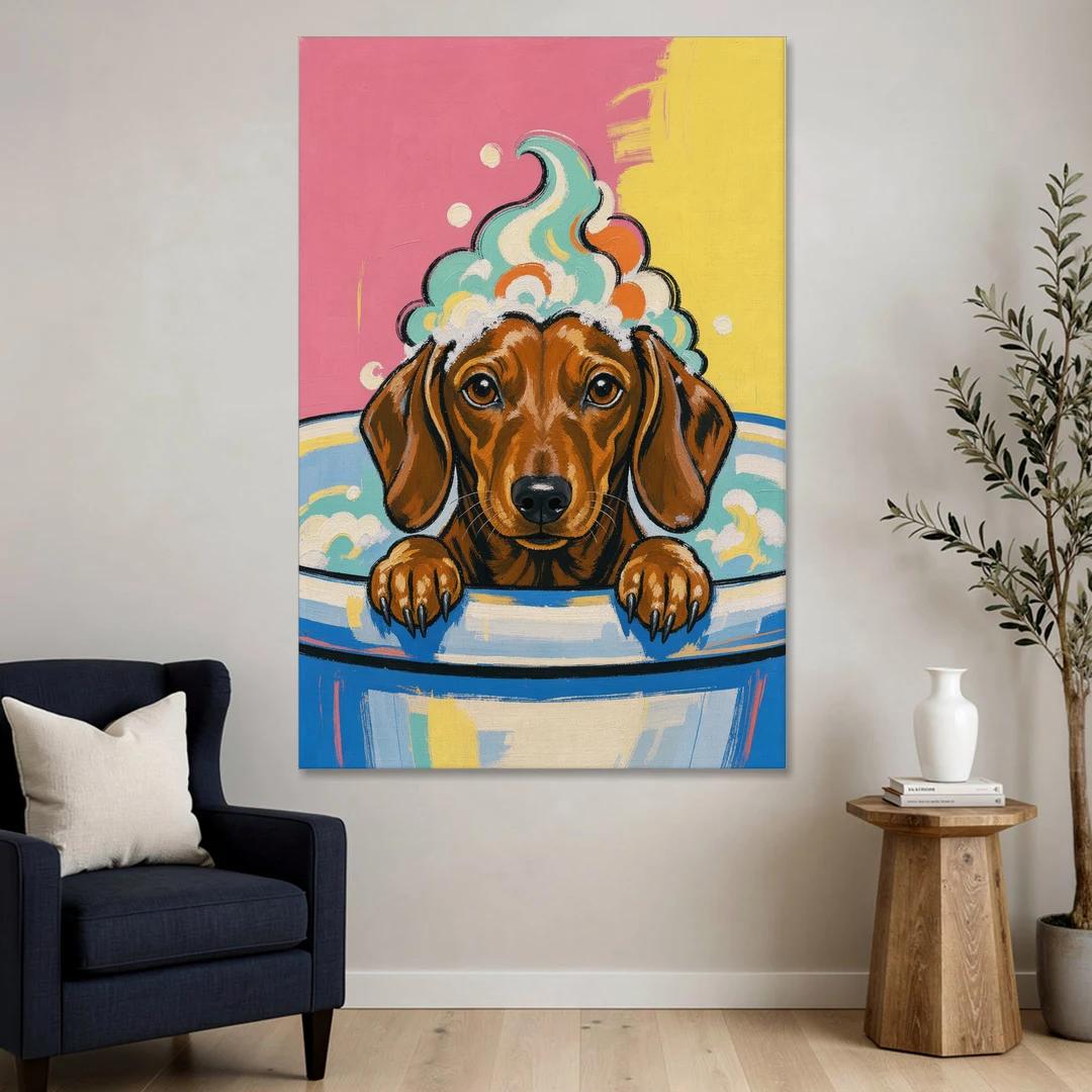 Dog in Bathtub Wall Art of a Sudsy Dachshund - Canvas Wall Art - Sofa - 40x60