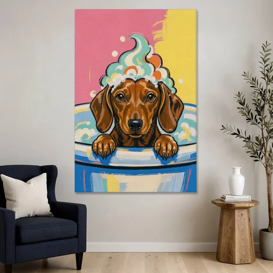 Dog in Bathtub Wall Art of a Sudsy Dachshund - Canvas Wall Art - Sofa - 40x60