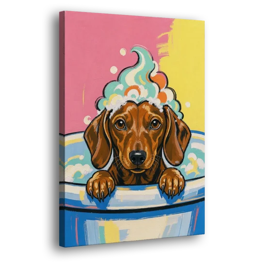 Dog in Bathtub Wall Art of a Sudsy Dachshund - Canvas Wall Art - Side