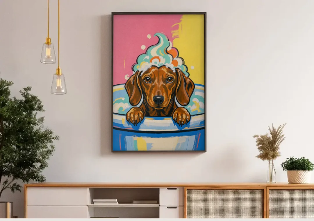 Dog in Bathtub Wall Art of a Sudsy Dachshund canvas wall art above a wooden sideboard under pendant lights