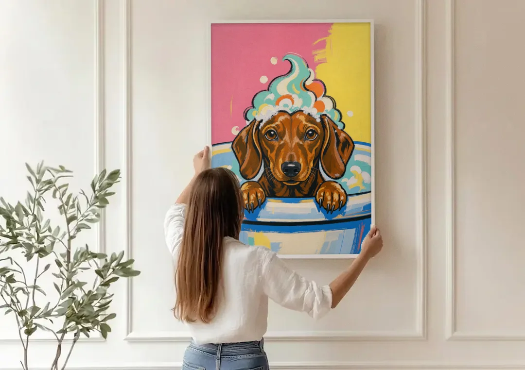 Dog in Bathtub Wall Art of a Sudsy Dachshund canvas wall art being hung on a paneled wall
