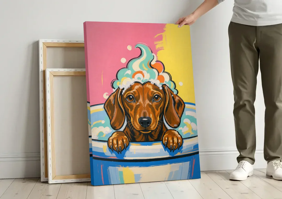 Dog in Bathtub Wall Art of a Sudsy Dachshund canvas wall art leaning against a wall next to blank canvases