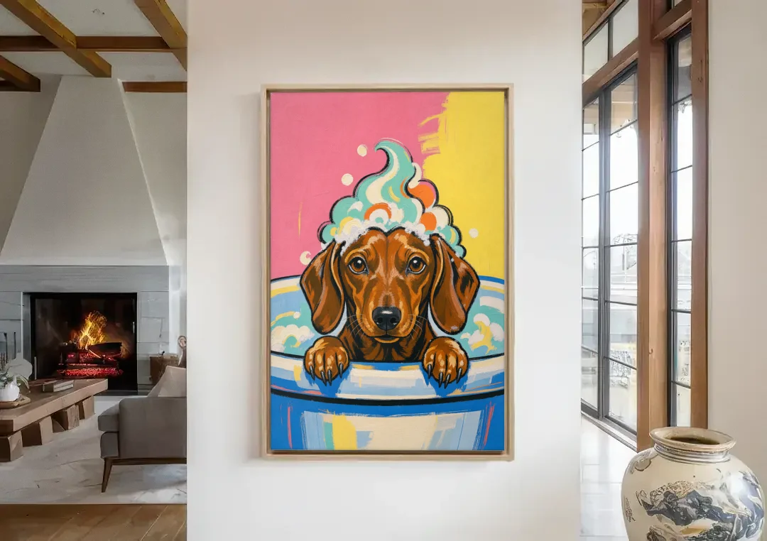 Dog in Bathtub Wall Art of a Sudsy Dachshund canvas wall art in a living room with a fireplace